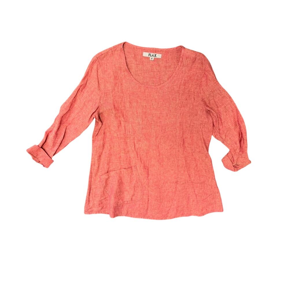 Flax 100% linen long sleeve orange red blouse top small Lithuania lagenlook